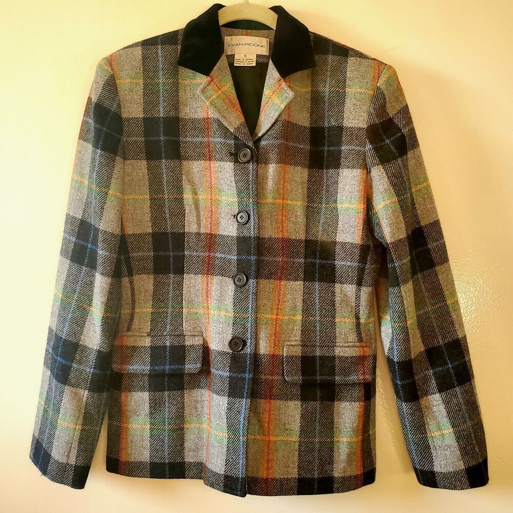 Evan Picone Womens Size 8 Lambs Wool Jacket Gray Black Red Green Plaid Preppy